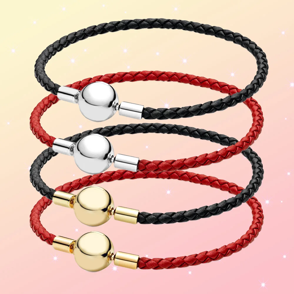 

925 Silver Fit for Pandora Moments Red Woven Leather Bracelet Exquisite Making Banquet DIY Ladies Jewelry Gifts