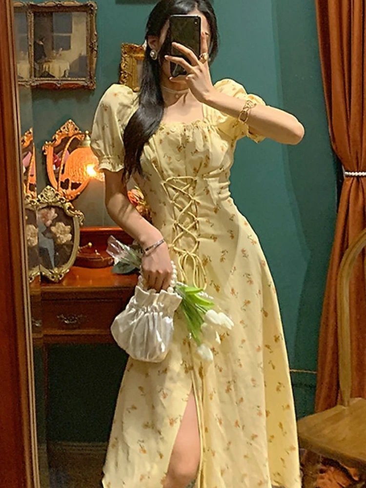 

Женское платье миди с цветочным принтом, элегантное Бандажное платье во французском ретро-стиле с пышными рукавами и квадратным вырезом, ле...