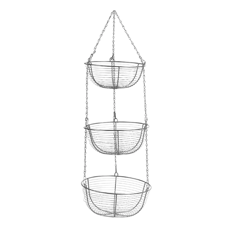 

3-Tier Hanging Basket Wire Basket Fruit Organizer Kitchen Basket Heavy Duty Wire Organizer With Wire Metal Ceiling Hooks-Black