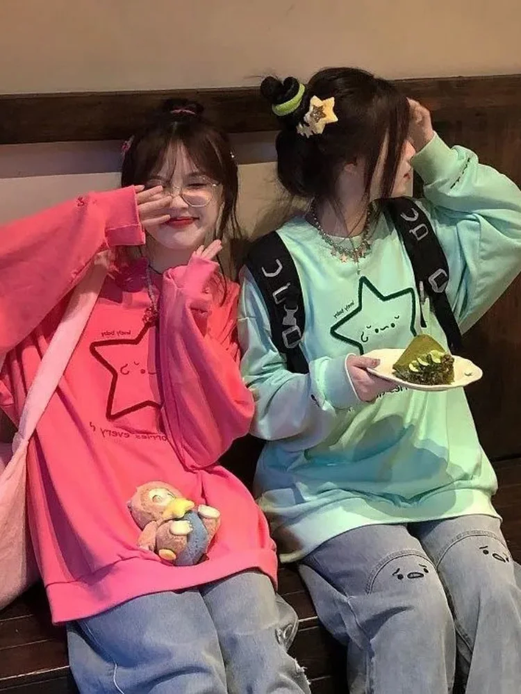 

Женская винтажная Толстовка в стиле преппи, модные худи со звездами и графической вышивкой, куртки Y2k, однотонные женские куртки с капюшоном в стиле Харадзюку