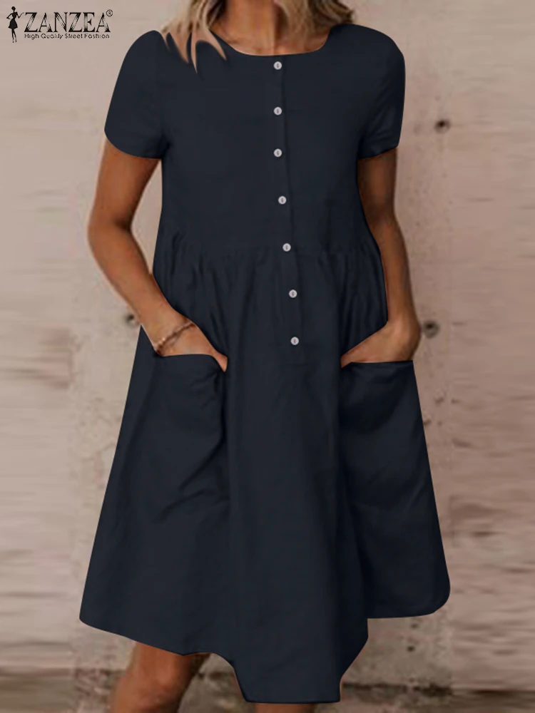 

Bohemian Elegant Casual Loose Cotton Beach Vestidos ZANZEA Summer Short Sleeve Solid Color O-Neck Dress Pockets Buttons Sundress