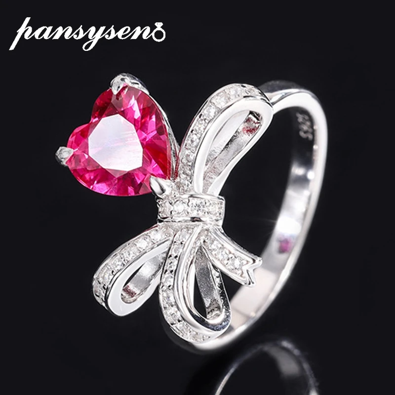 

PANSYSEN Vintage 18K White Gold Plated 8MM Heart Cut Ruby Emerald Gemstone Ring 925 Sterling Silver Party Fine Jewelry Wholesale