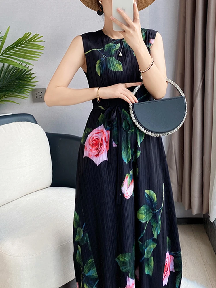 Женское плиссированное платье LANMREM до середины икры с высокой талией и круглым