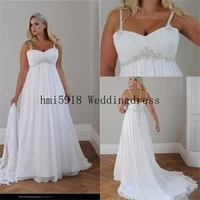 spaghetti straps beaded chiffon floor length wedding dresses empire waist elegant bridal gownse plus size casual beach