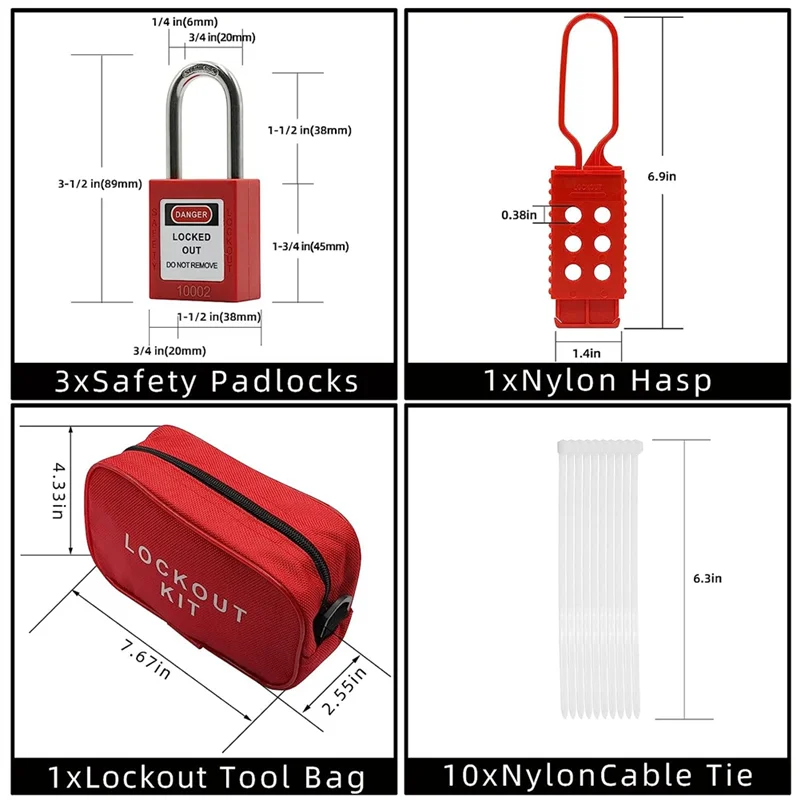 Фото Комплект Lockout Tagout - бирка Lockout Tagout, нейлоновая галстук, нейлоновая сумка для хранения, красный предохранительный замок, замки Lockout Tagout (красный комплект) №4