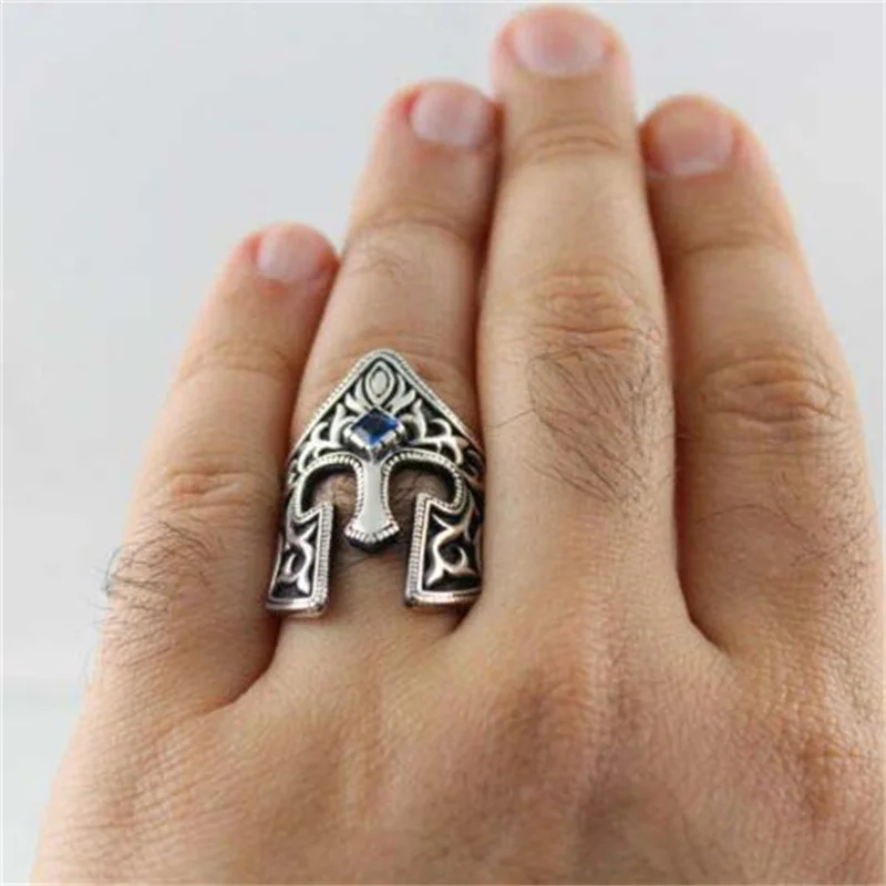

Vintage Men Fashion Silver Color Helmet Geometry Blue Stone Rings for Men Wedding Engagement Jewelry