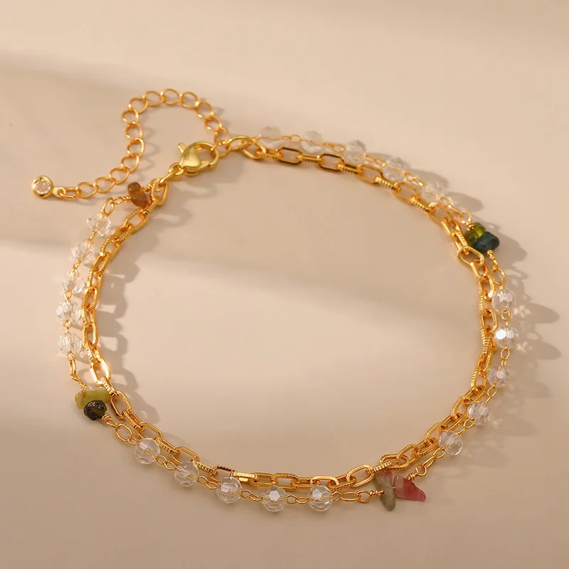 

Irregular Colored Crushed Stone 18K Gold Plated Link Chain Women Anklets Exquisite White Crystal Beach Resort Style Foot Jewelry