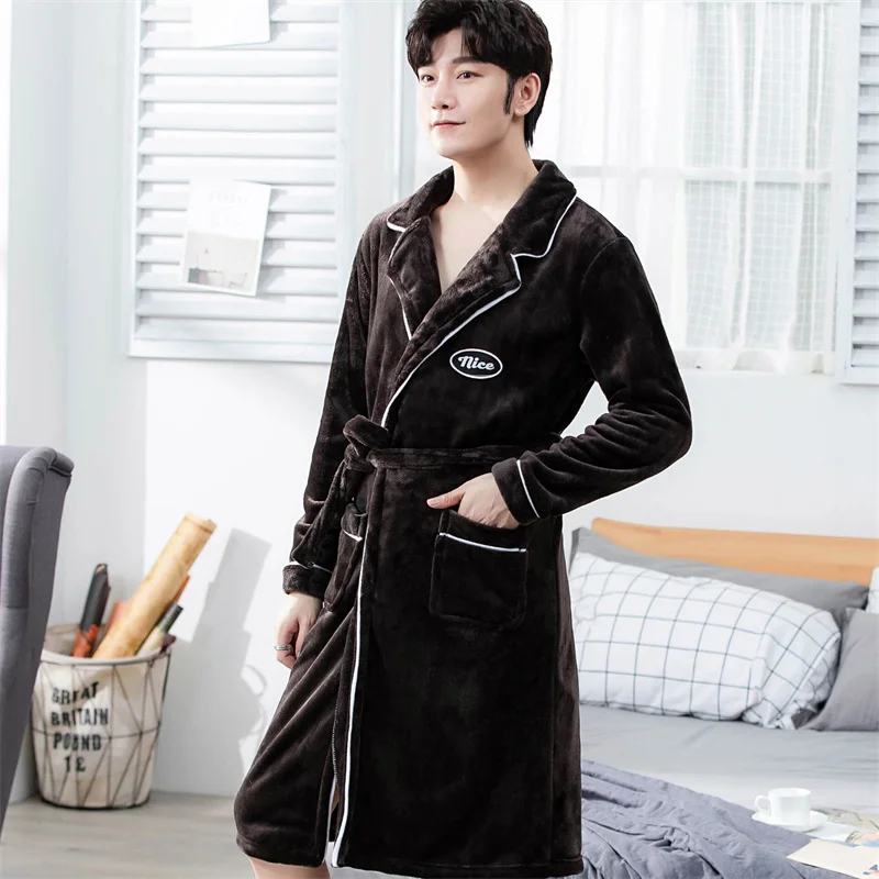 Winter Casual Belt Nightgown For Men Solid Color Flannel Nightdress Men's V-Neck Full Sleeve Nightwear 2022 Fashion Homewear