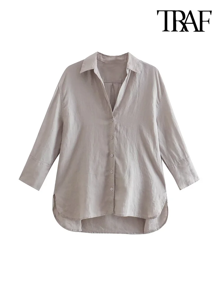 TRAF Women Fashion With Side Vents Asymmetric Linen Shirts Vintage Long Sleeve Front Buttons Female Blouses Chic Tops images - 6