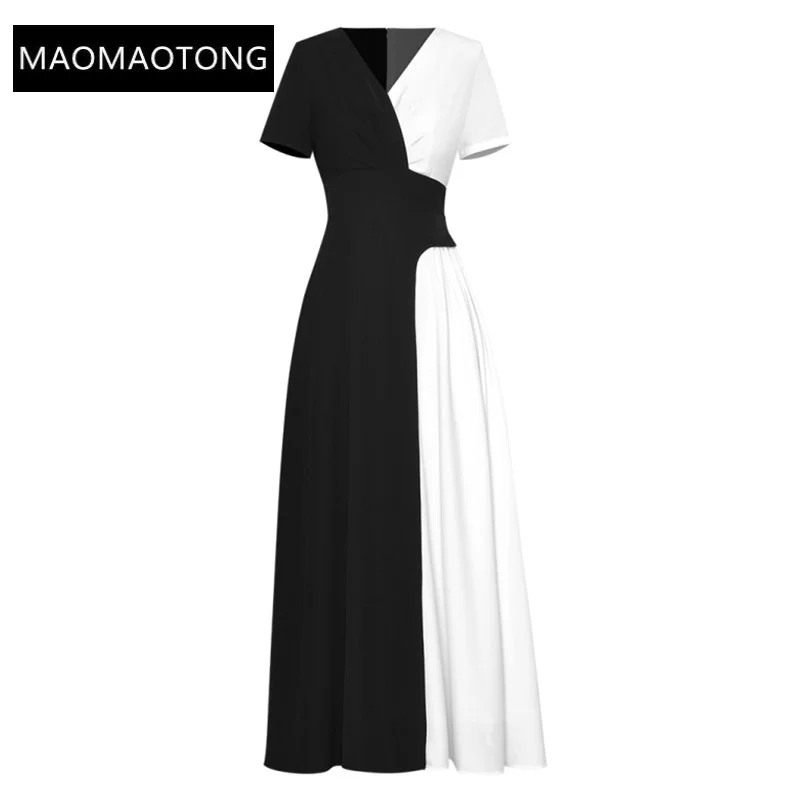 

Женское дизайнерское модельное платье макси, офисные Длинные платья контрастных цветов со складками и V-образным вырезом, с коротким рукавом и высокой талией, 2022