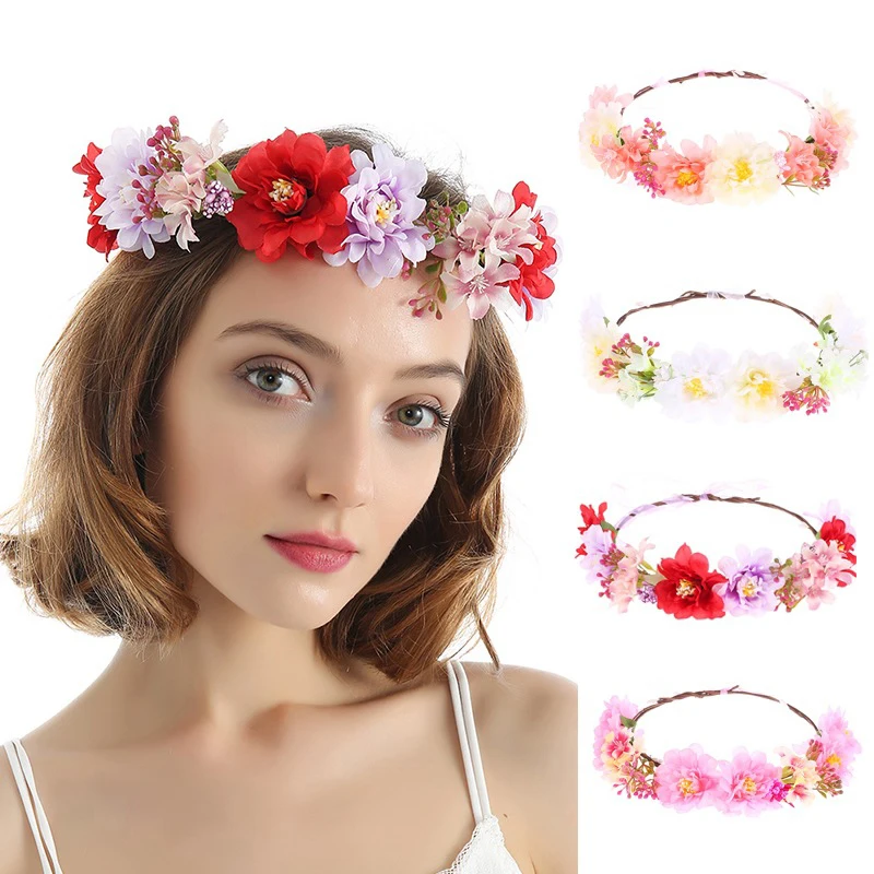 

Женский цветочный венок в стиле бохо, Цветочная корона для девушек, цветочный венок для волос, пляжный ободок для отдыха, розовый цвет