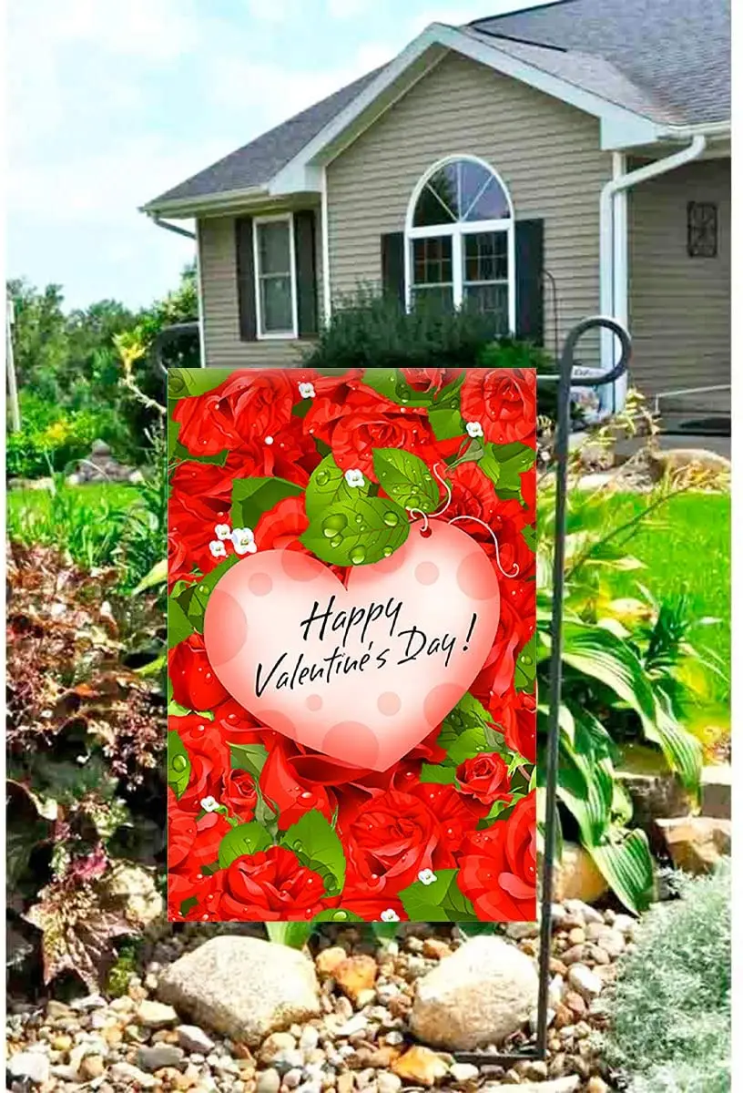 

Red Rose Garden Happy Valentine's Day Double Sided Garden Flag Banner for Outside House Yard Home Decorative