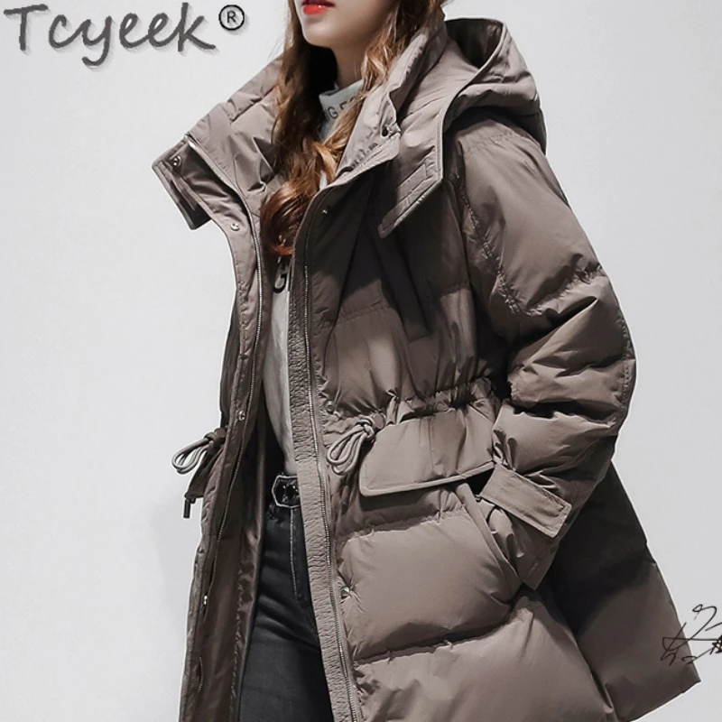

Tcyeek Winter Jacket Women Clothes Hooded Waist Mid-length Down Jacket White Thicken Warm Women's Coats Jaqueta Feminina Inverno