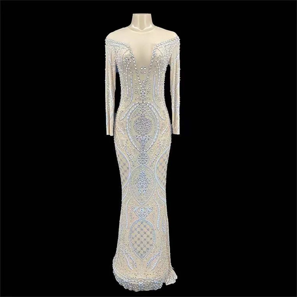 

Nude Shining Rhinestones Sexy Long Dress For Women Evening Banquet Clothing Stage Singer Costumes Ballroom Party Wears