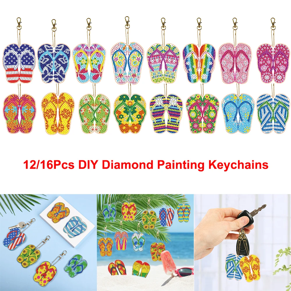 

12/16Pcs DIY Flip Flop Diamond Painting Keychains Summer Style Double Sided Diamond Art Mosaic Key Rings Backpack Pendant Gifts