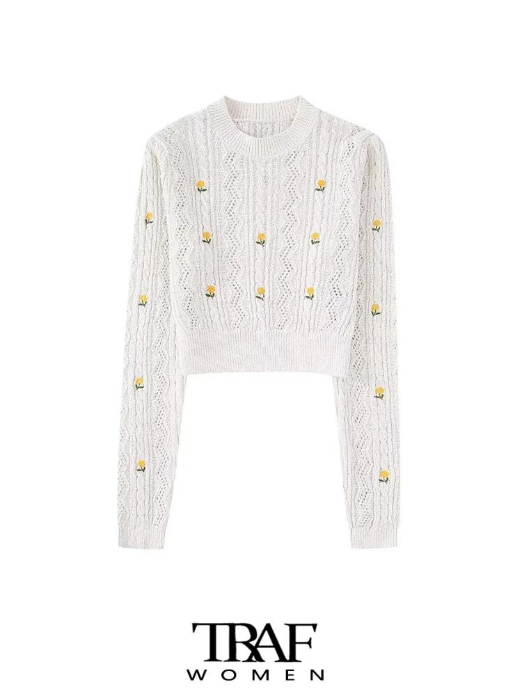 

Женский трикотажный свитер с цветочной вышивкой, круглым вырезом и длинным рукавом