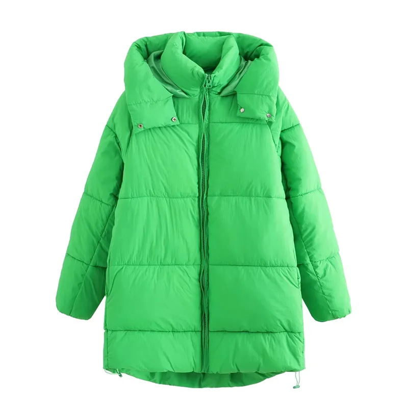 

Autumn Winter Ladies Soft Comfort Mid-length Warm Cotton Coat Fashion Casual Hooded Jacket Solid Color Basic Cotton Clothes