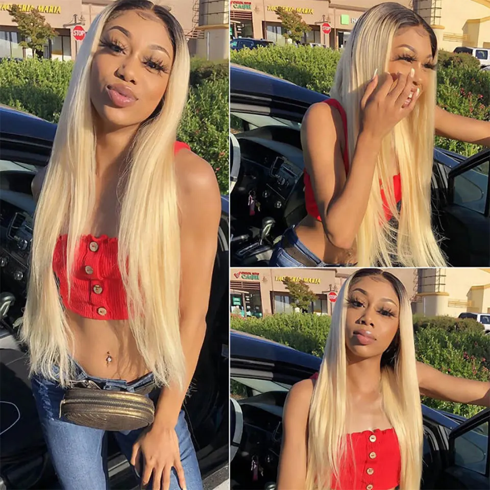 

Ombre Blonde Human Hair Wigs 1B/613 Lace Front Wig Straight Human Hair With Black Women 180% Brazilian Remy Ombre Hair Wig