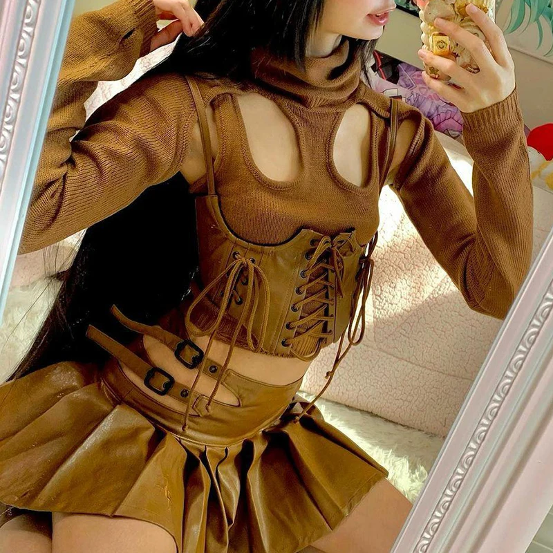

Y2k PU Leather Corset Top Lace Up Cute Bustier Sweats Vintage Outwear Party Cummerbunds Crop Top Women Cosplay Vest
