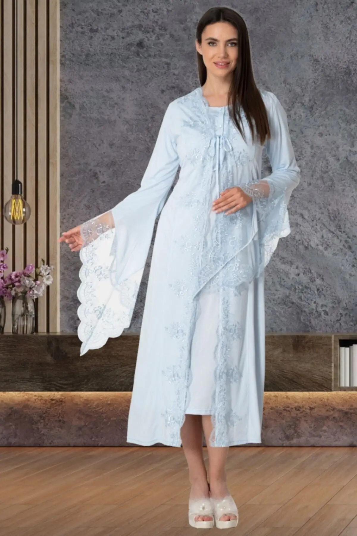 

Dressing Gown 5536 Blue Lace Fashion Robe Female Bathrobe Sexy Peignoir Kimono Bride Dressing Gown Gown Gown Gown Gown