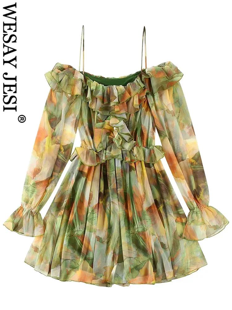 

WESAY JESI 2022 Summer Elegant Dress Women Mesh Print One-Shoulder Sling Ruffle Slim Chic Flared Long Sleeve Short Dress Ladies