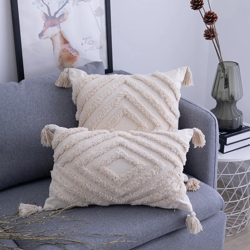 

Tassels Cushion Cover Beige Boho Pillowcase with Tassels Tufted Home Decor Handmade Woven Pillowcase Sofa Living Room Decoration