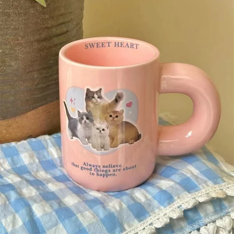Розовые кружки с милым котенком для девочек напитков завтрака кофе молочная