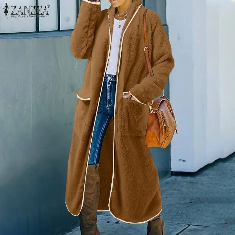 

2022 Casual Solid Maxi Long Sleeve Cardigan ZANZEA Women Fleece Outwear Spring Autumn Trench Coat Oversize Patchwork Windbreaker