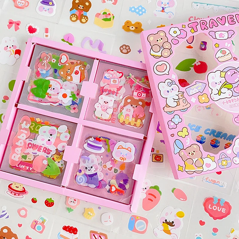 100 sheets/set kawaii gift box stickers cute bunny bear sticker waterproof cup planner decoration scrapbooking school stationery