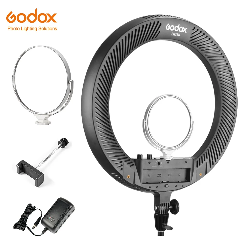 

Светодиодная кольцевая лампа Godox LR160, 18 Вт, 3300K-8000K, Регулировка цветовой температуры, ЖК-экран для прямой трансляции, светильник для макияжа