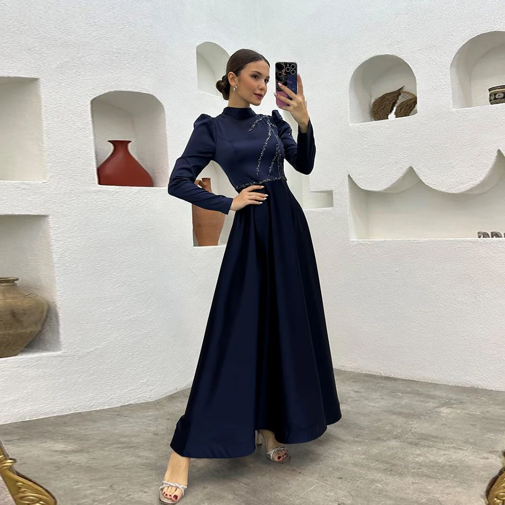

Navy Blue Muslim Mother of the Bride Dresses High Neck Long Sleeves Wedding Party Gowns Beaded A-Line SATEN ABİYE ELBİSE 2023