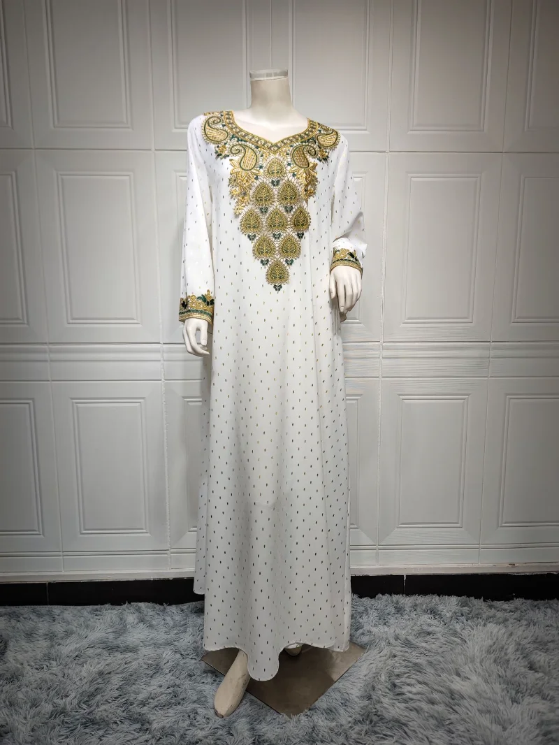 Arab Women Abayas Elegant Ethnic Dot Gold Stamping Applique Robe White Loose Dubai Moroccan Jalabiya Eid Muslim Dress