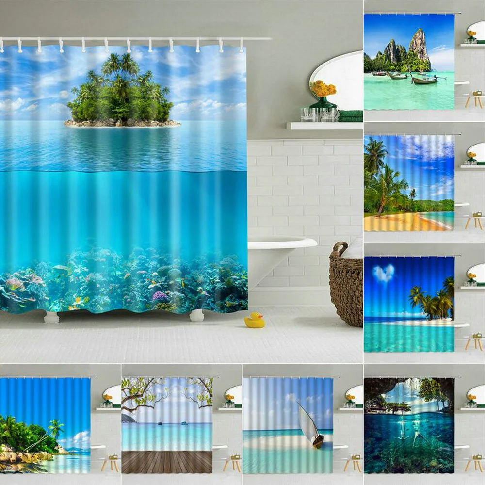 

Ocean Island Scenery Shower Curtain Sunny Coconut Forest Blue Water Sea View Bathroom Decor Waterproof Cloth Hooks Curtains