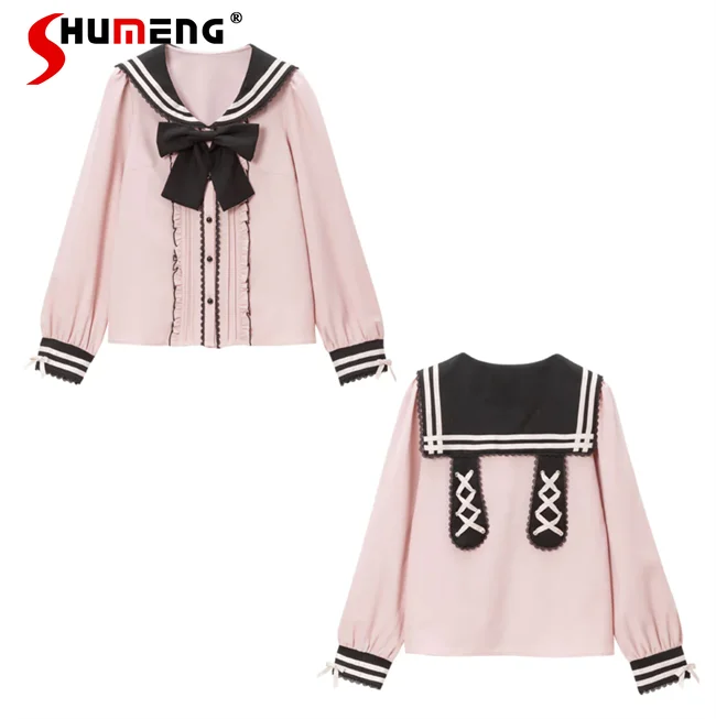 Japanese Style Cute Navy Blue Long Sleeve Blouse for Women 2023 Spring Sailor Collar Big Bow Lace Stitching Tied Shirts Feminino