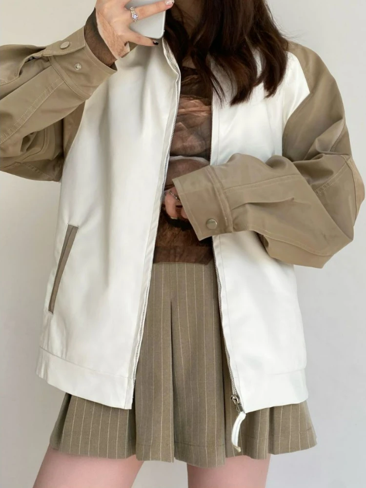 2022 Autumn Korean Leather Jacket Women Winter Patchwork High Street Biker Jacket Female Outerwear Thin Fashion PU Chic Coat New