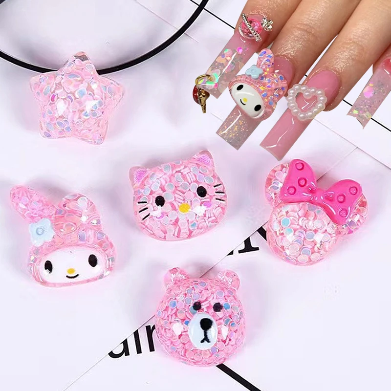 

20 шт., 3D Подвески для ногтей, милые аксессуары, розовый мультяшный милый медведь, украшение для ногтей, стразы, смешанный полимерный инструме...