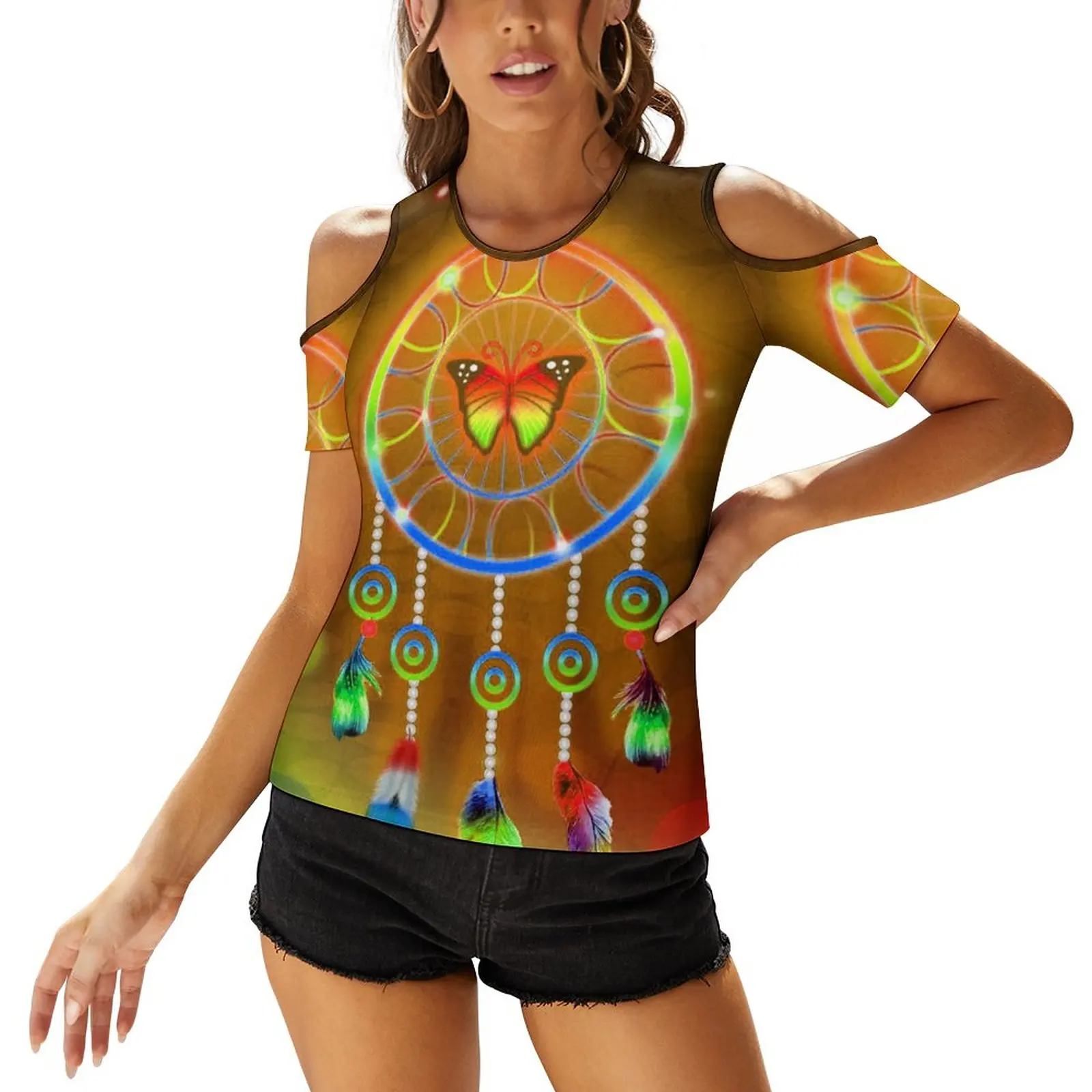 

Summer Women's Tee Dreamcatcher Butterfly Glowing Print Off Shoulder Short Sleeve T-Shirt Woman Clothes Graphic Women Clothing
