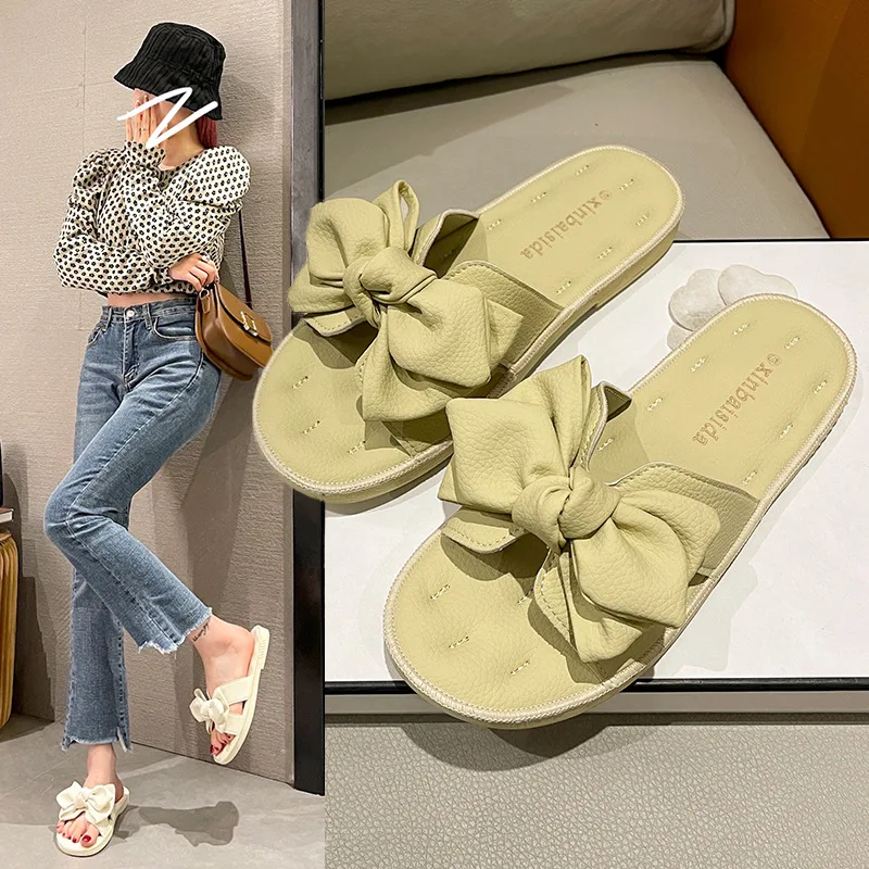 

Summer Autumn New Women Slipper Bow-knot Light Soft Sole Cozy Indoor PU Sandals Decoration Cute Girl Flip Flop