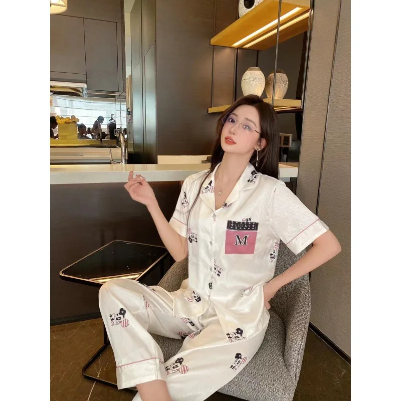2023 Summer New Ice Silk Pajamas Women's Suit Cartoon Rats Short Sleeve Trousers Suit Homewear