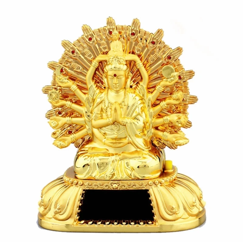 Высококачественный сплав удивительное священное золото Avalokitesvara фигурка Будды на автомобиле Молитвенное Колесо на солнечной энергии памятные подарки