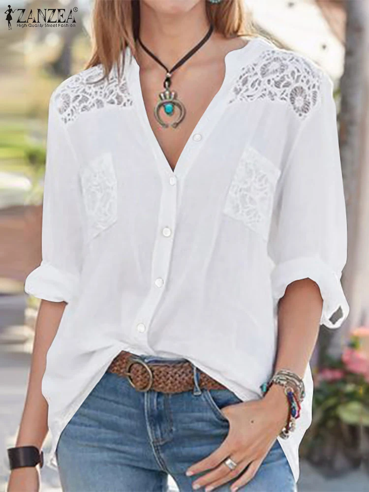 

ZANZEA White Lace Blouse Women Causal Autumn Lapel Full Sleeve Tops Office Work Shirts Elegant Tunic OL Oversized Chemise Blusas