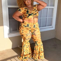 plus size 2 pieces pants sets yellow printed blouse long trousers skinny fashion high street wear matching pant sets big new