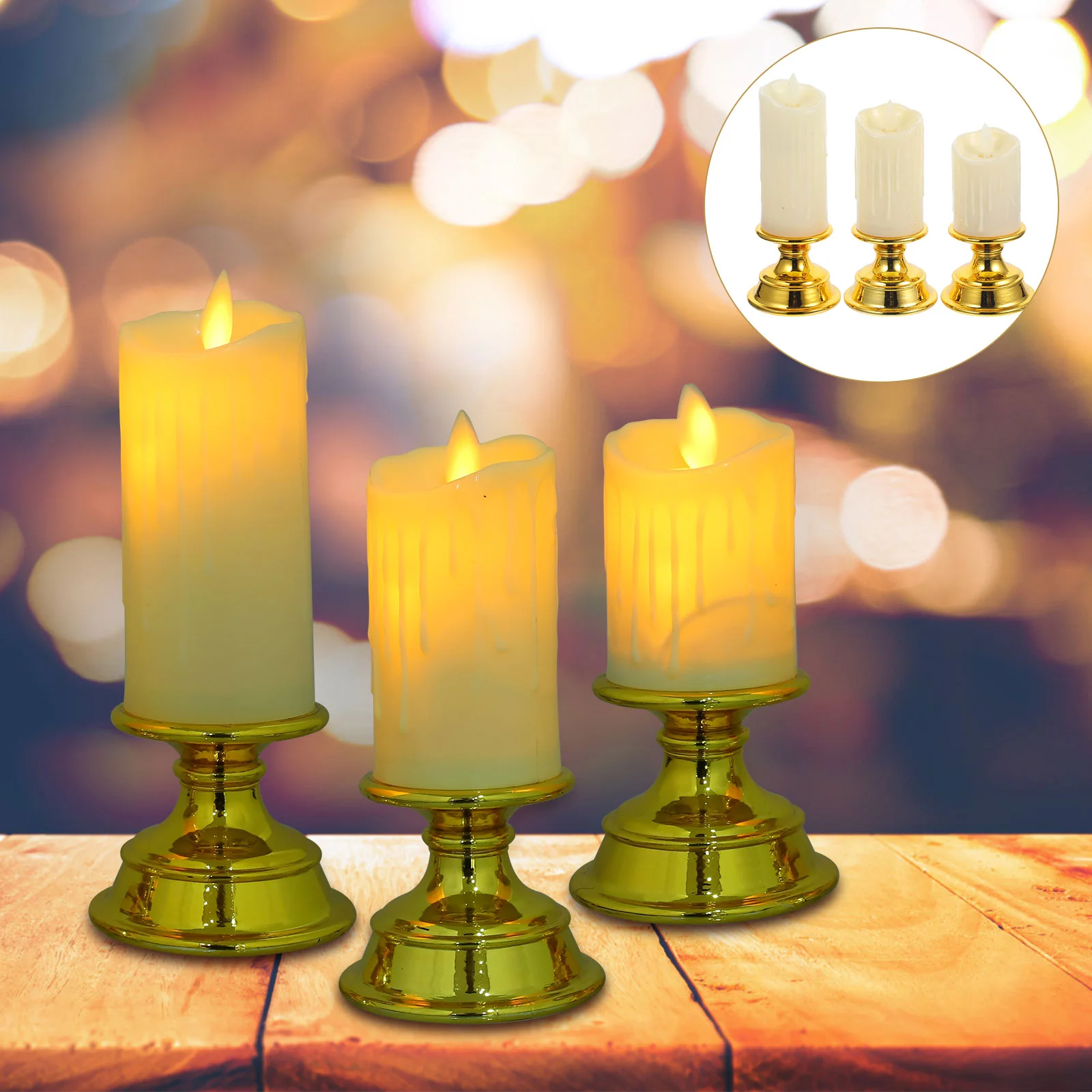 3 шт. беспламенные конические свечи с золотым светом мерцающий по обету