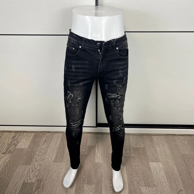 High Street Fashion Men Jeans Retro Black Gray Elastic Skinny Ripped Jeans Men Brand Patch Designer Hip Hop Stretch Pants Hombre
