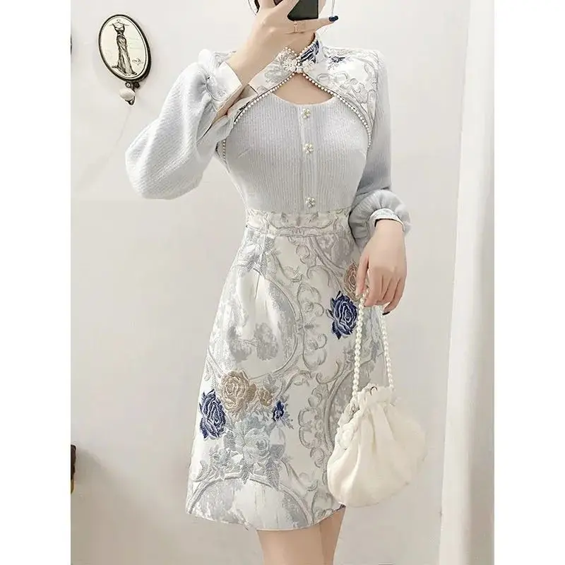 

2022 Spring Summer Women Elegant Floral Print Sweet Cute Evening Party Mini Dress Female Patchwork Fashion Long Sleeve Dress H68