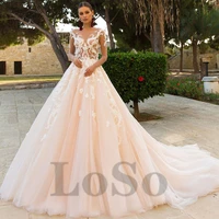luxury wedding dress o neck beading exquisite appliques buttons long sleeve princess mopping gown vestido de novia women