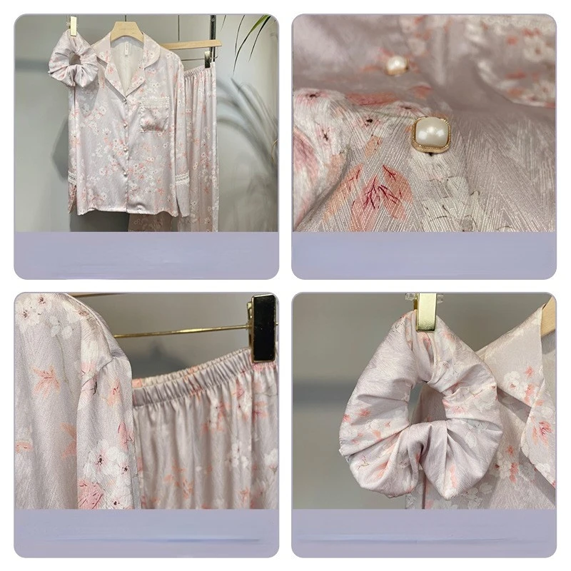 Women's 3 Piece Pajamas Sets Comfortable Floral Pijama Faux Silk Satin Pyjama Female Sleepwear Long Sleeve Shirt Pants Homewear