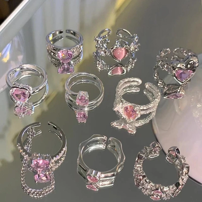 

2022 Kpop Pink Crystal LOVE Heart Open Ring For Women BFF Wedding Luxury Vintage Grunge Aesthetic Jewelry EMO Y2K Accessories