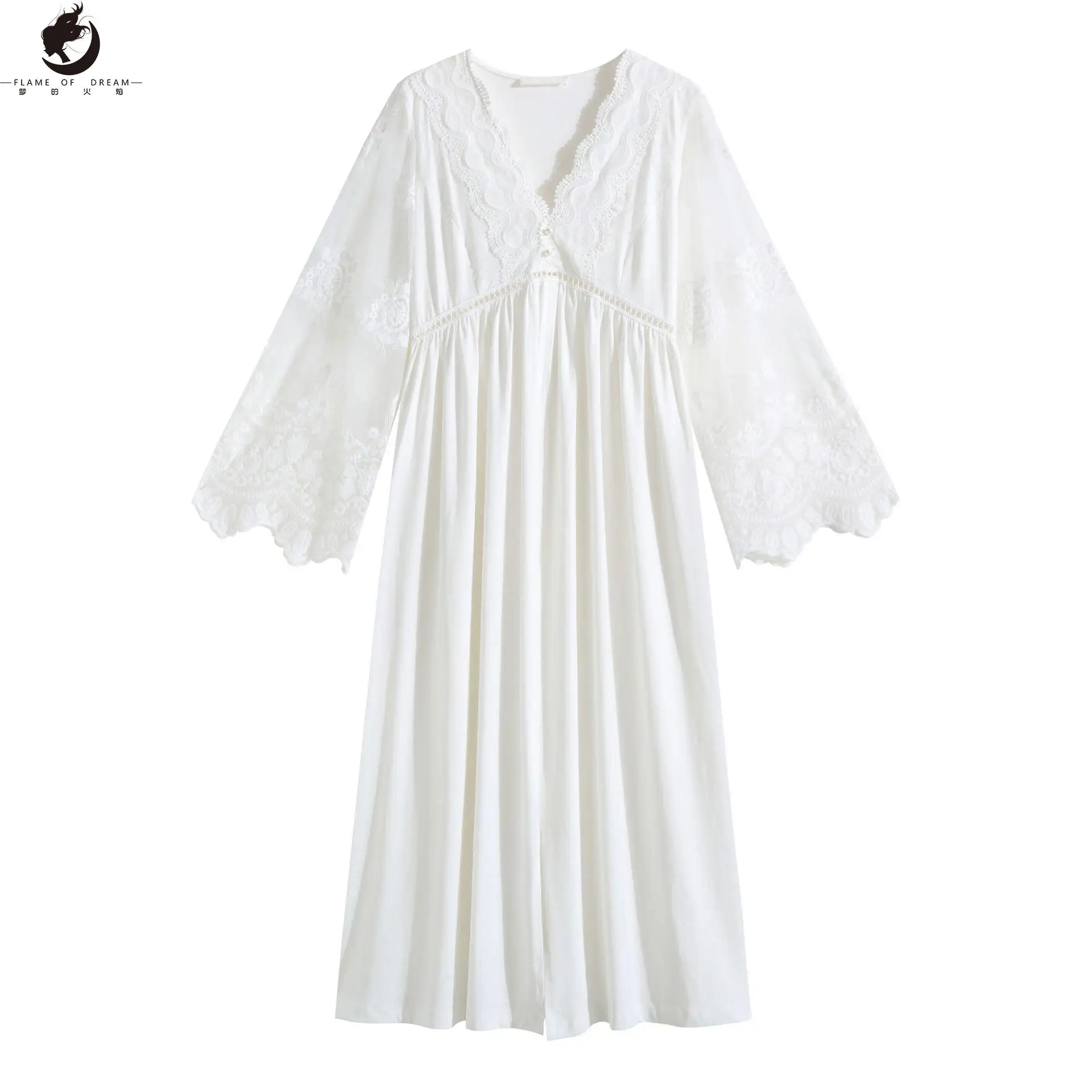 2023 New sleepwear French High-grade Lace Spring And Autumn Long Cotton Mesh Embroidery Long Sleeve V-neck Sexy Nightgown