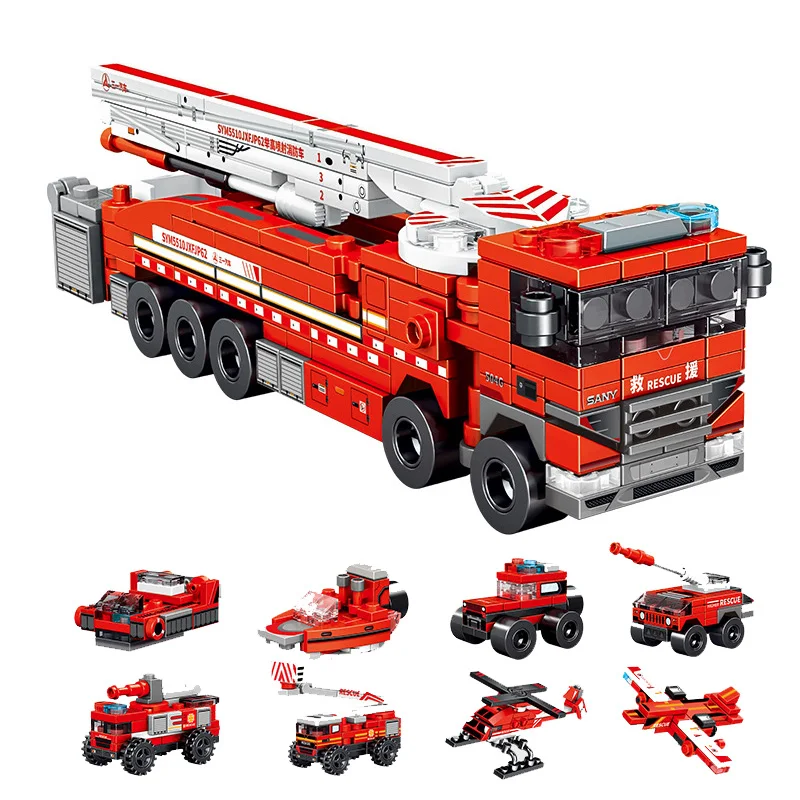 

Fire Fighting Ladder Trucks Building Blocks 8 IN 1 Rescue Helicopter Figure Bricks City Construction Toy for Children Gifts